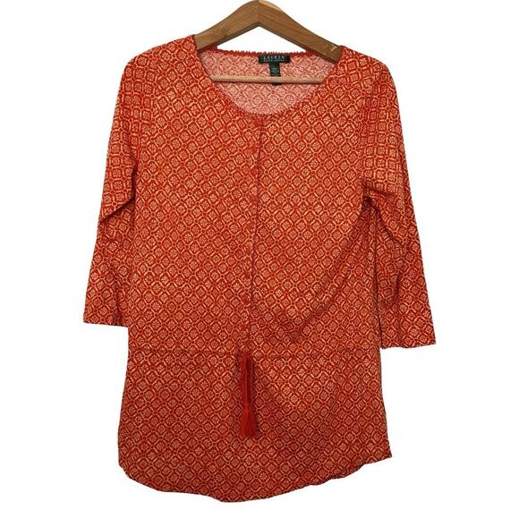 LRL Ralph Lauren Ikat Print Cotton Tunic Top Size L Orange Drawstring Waist Boho - Picture 1 of 6